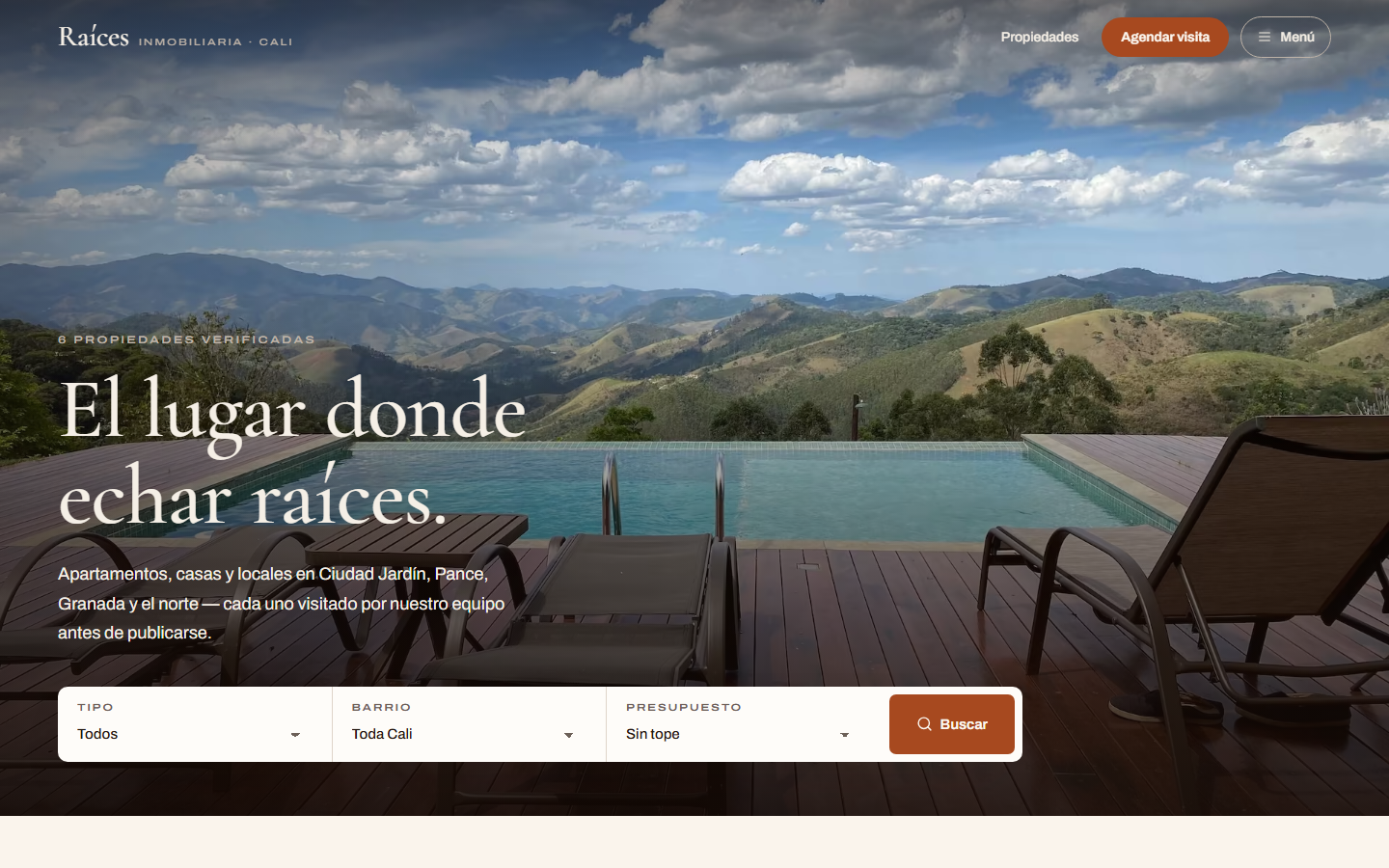 Inicio de Raíces Inmobiliaria con buscador de propiedades